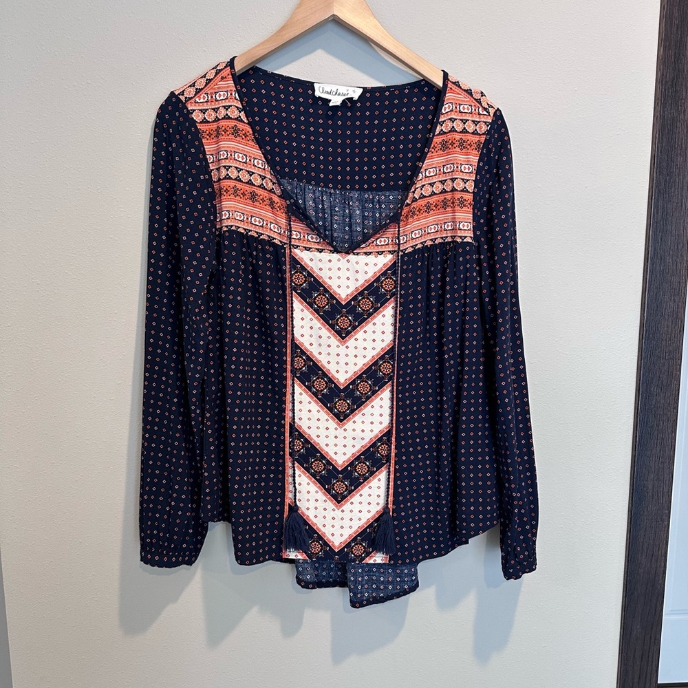 Cloud Chaser Navy Blue Bohemian Style Blouse Size Large